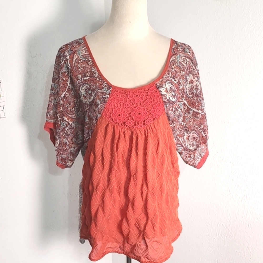 Ogle Orange & Blue Paisley Top woth Embroidered Flower Accents, Size Large - Picture 2 of 9